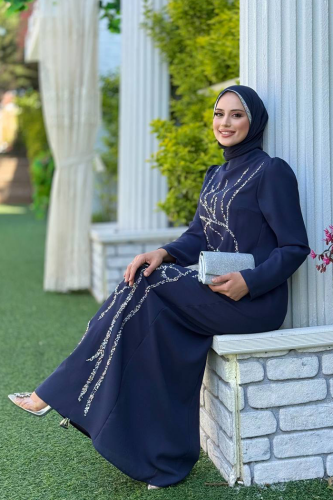 Taş İşleme Desenli Elbise 3889 Lacivert - 2