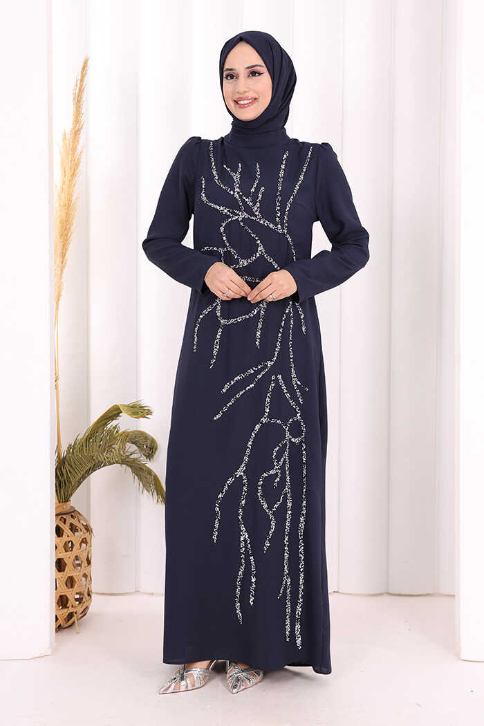 Taş İşleme Desenli Elbise 3889 Lacivert