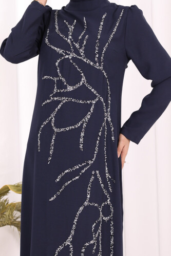 Taş İşleme Desenli Elbise 3889 Lacivert - 6