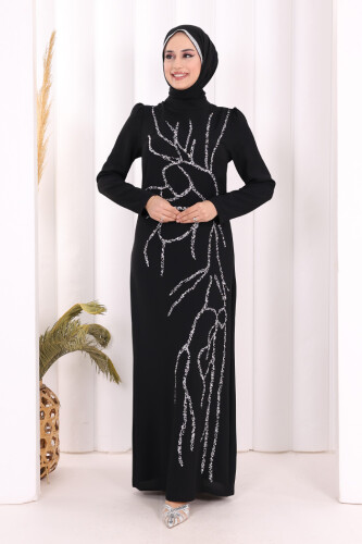 Taş İşleme Desenli Elbise 3889 Siyah