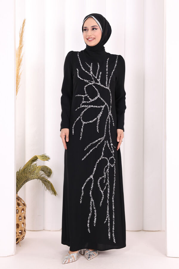 Taş İşleme Desenli Elbise 3889 Siyah - 2