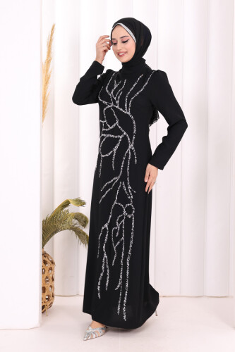 Taş İşleme Desenli Elbise 3889 Siyah - 3