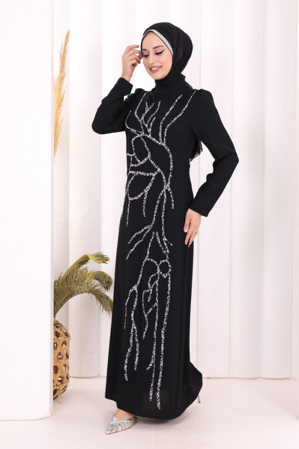 Taş İşleme Desenli Elbise 3889 Siyah - 3