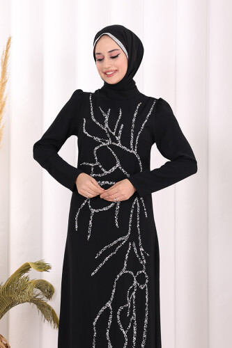 Taş İşleme Desenli Elbise 3889 Siyah - 5
