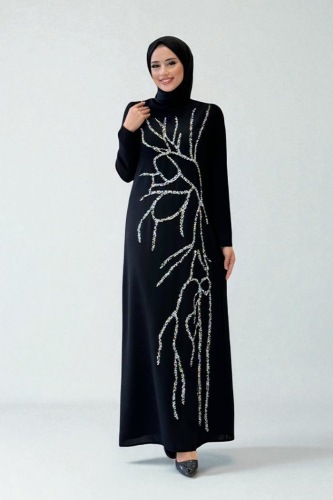 Taş İşleme Desenli Elbise 3889 Siyah 