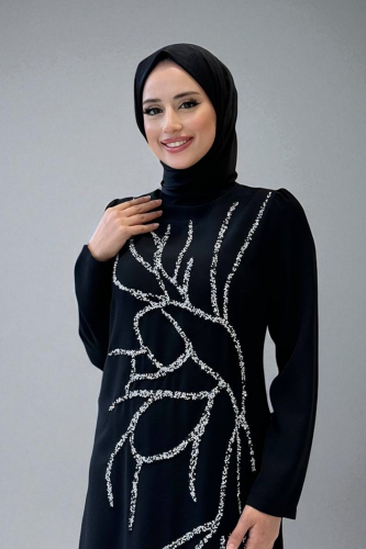 Taş İşleme Desenli Elbise 3889 Siyah - 5