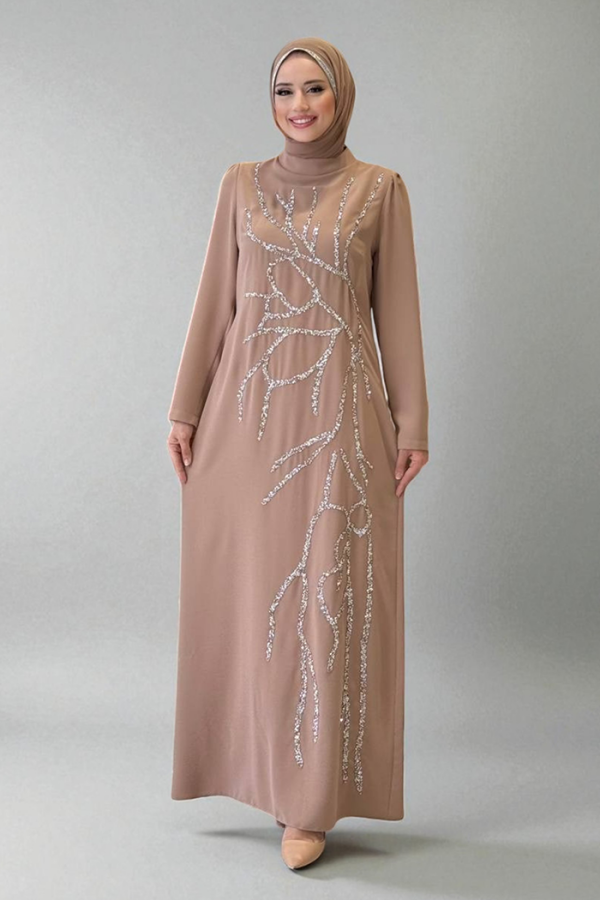 Taş İşleme Desenli Elbise 3889 Vizon - 3