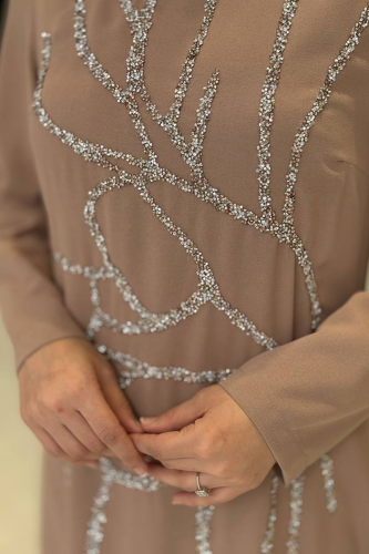 Taş İşleme Desenli Elbise 3889 Vizon - 5