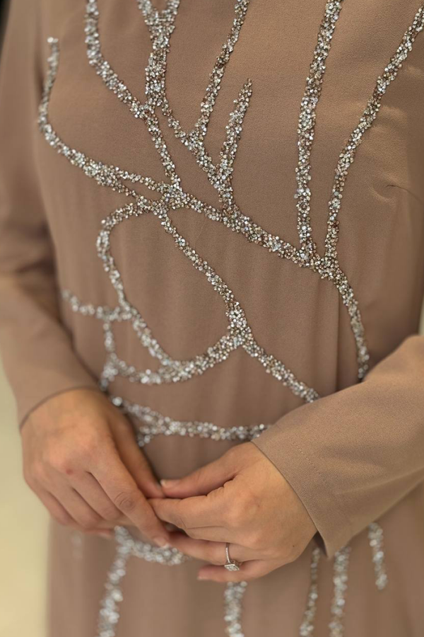 Taş İşleme Desenli Elbise 3889 Vizon - 5