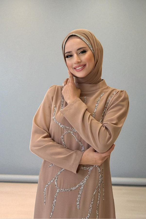 Taş İşleme Desenli Elbise 3889 Vizon - 4