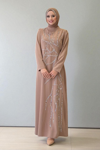 Taş İşleme Desenli Elbise 3889 Vizon - Bym Fashion