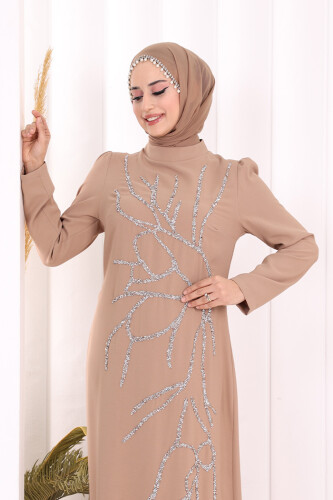 Taş İşleme Desenli Elbise 3889 Vizon - 5