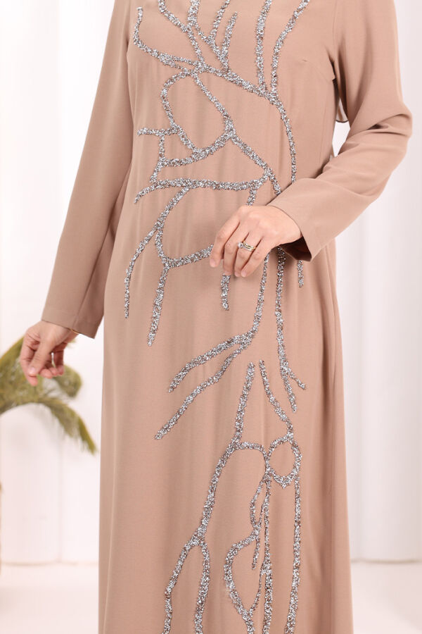 Taş İşleme Desenli Elbise 3889 Vizon - 6