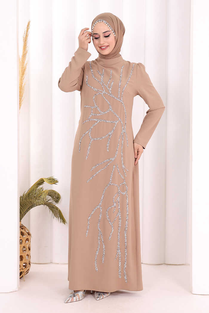 Taş İşleme Desenli Elbise 3889 Vizon