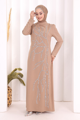 Taş İşleme Desenli Elbise 3889 Vizon 