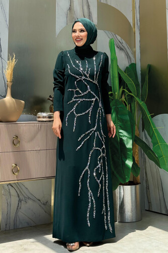 Taş İşleme Desenli Elbise 3889 Zümrüt - Bym Fashion