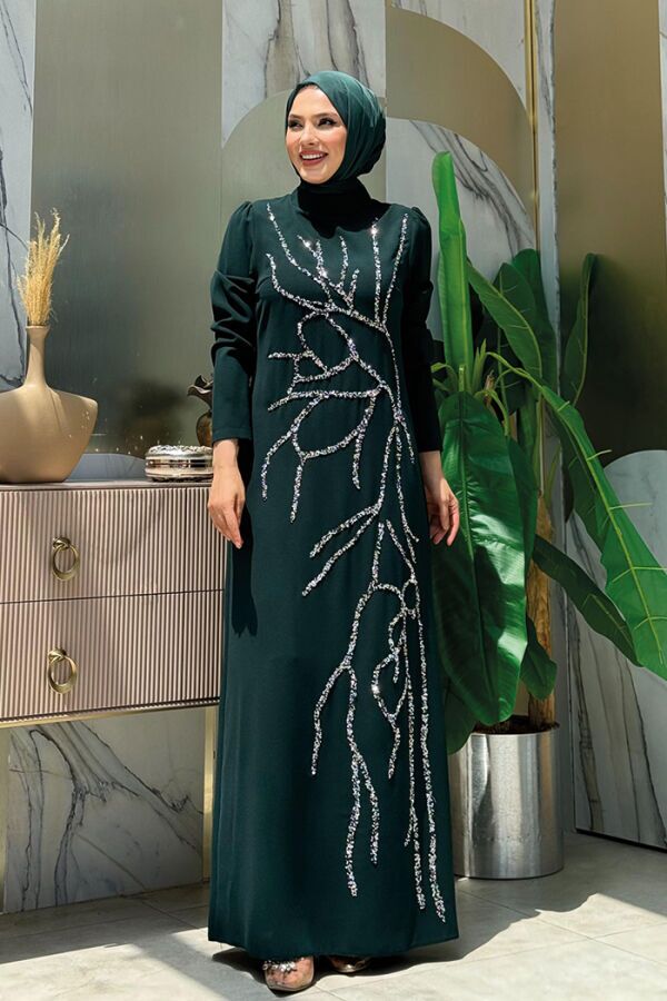 Taş İşleme Desenli Elbise 3889 Zümrüt - 1