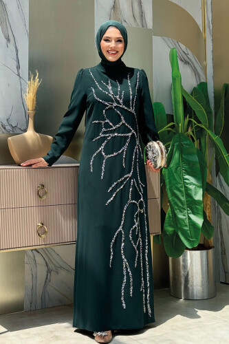 Taş İşleme Desenli Elbise 3889 Zümrüt - 2