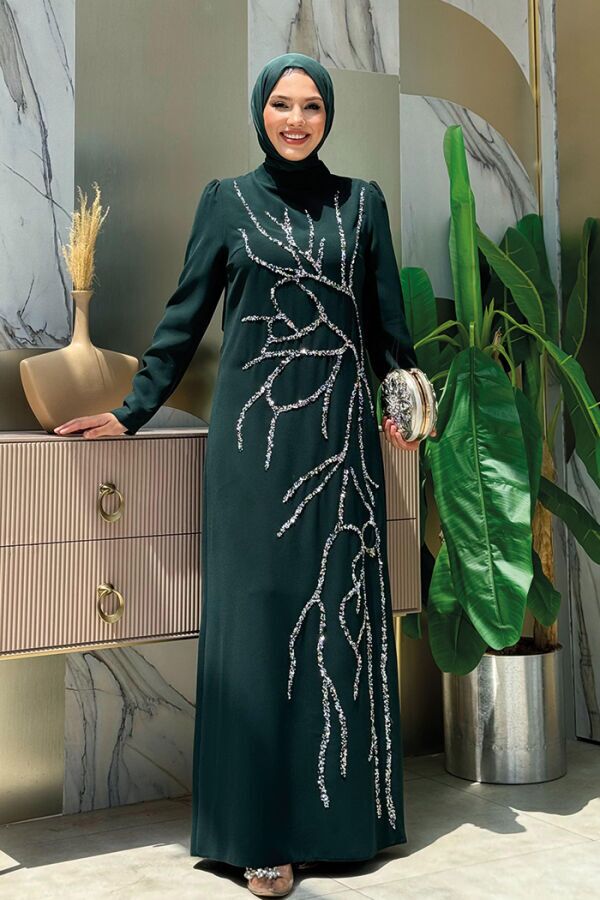 Taş İşleme Desenli Elbise 3889 Zümrüt - 2