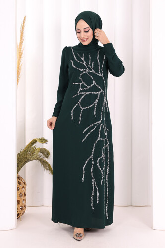 Taş İşleme Desenli Elbise 3889 Zümrüt