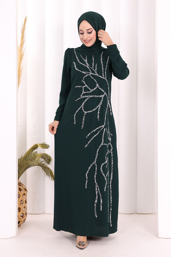 Taş İşleme Desenli Elbise 3889 Zümrüt - 1
