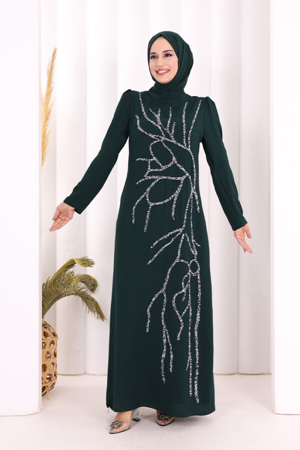 Taş İşleme Desenli Elbise 3889 Zümrüt - 2