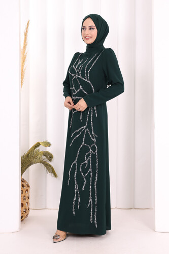 Taş İşleme Desenli Elbise 3889 Zümrüt - 3
