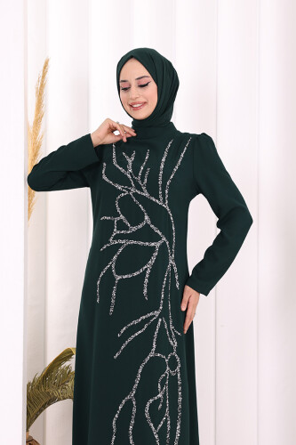 Taş İşleme Desenli Elbise 3889 Zümrüt - 5