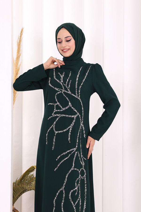 Taş İşleme Desenli Elbise 3889 Zümrüt - 5