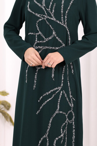 Taş İşleme Desenli Elbise 3889 Zümrüt - 6