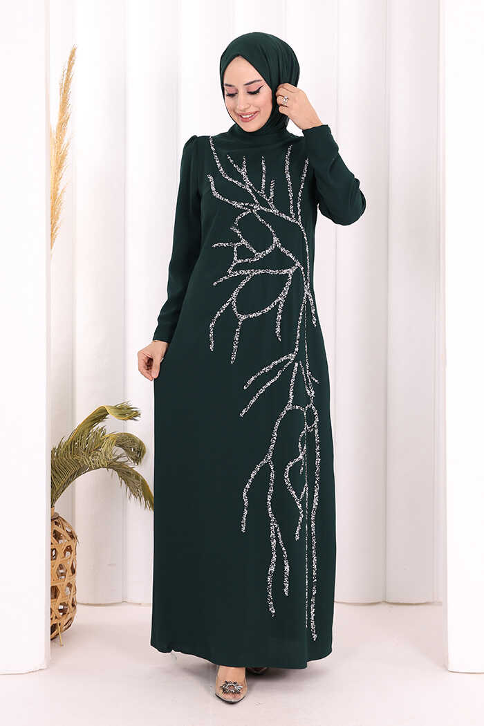Taş İşleme Desenli Elbise 3889 Zümrüt