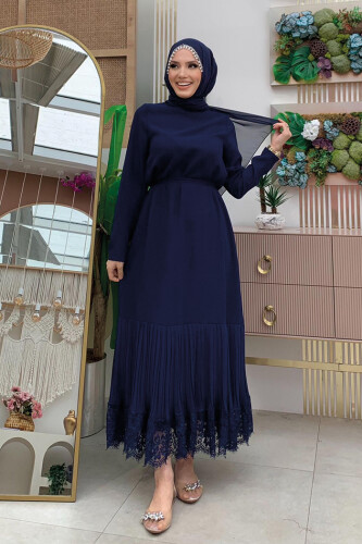 Etek Ucu Piliseli Dantel Görünümlü Kuşaklı Elbise 3890 Lacivert - Bym Fashion