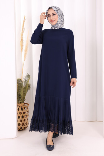 Etek Ucu Piliseli Dantel Görünümlü Kuşaklı Elbise 3890 Lacivert