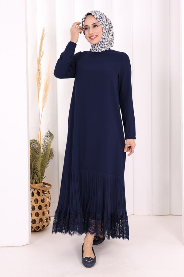 Etek Ucu Piliseli Dantel Görünümlü Kuşaklı Elbise 3890 Lacivert - 1