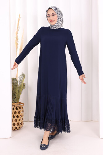 Etek Ucu Piliseli Dantel Görünümlü Kuşaklı Elbise 3890 Lacivert - 2