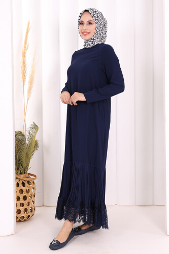 Etek Ucu Piliseli Dantel Görünümlü Kuşaklı Elbise 3890 Lacivert - 3