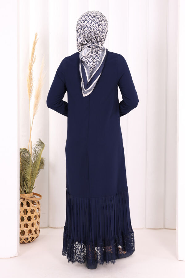 Etek Ucu Piliseli Dantel Görünümlü Kuşaklı Elbise 3890 Lacivert - 4