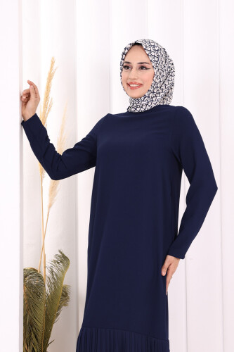 Etek Ucu Piliseli Dantel Görünümlü Kuşaklı Elbise 3890 Lacivert - 5