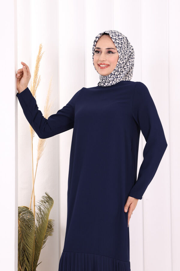 Etek Ucu Piliseli Dantel Görünümlü Kuşaklı Elbise 3890 Lacivert - 5