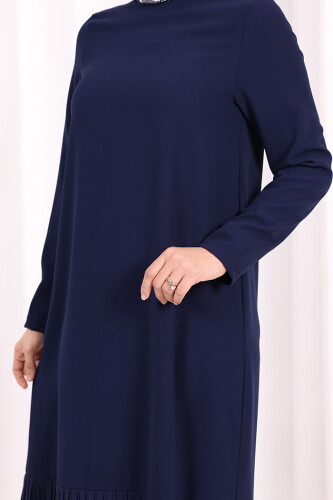 Etek Ucu Piliseli Dantel Görünümlü Kuşaklı Elbise 3890 Lacivert - 6