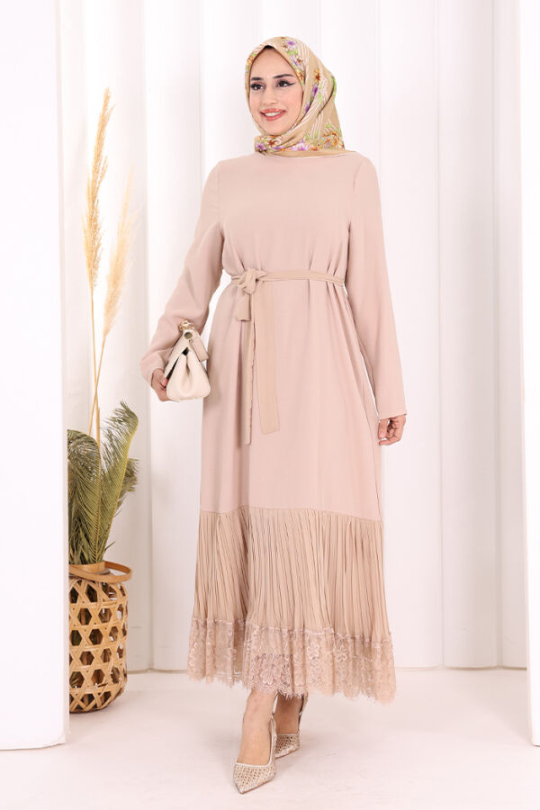 Etek Ucu Piliseli Dantel Görünümlü Kuşaklı Elbise 3890 Taş - 3