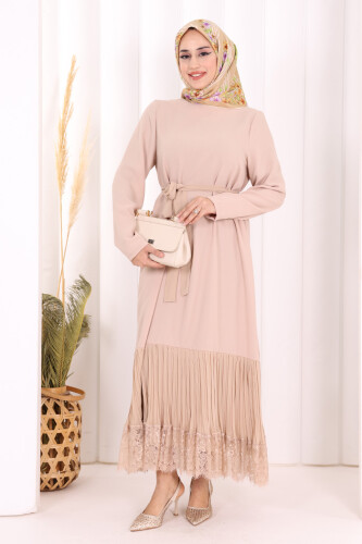 Etek Ucu Piliseli Dantel Görünümlü Kuşaklı Elbise 3890 Taş - 1