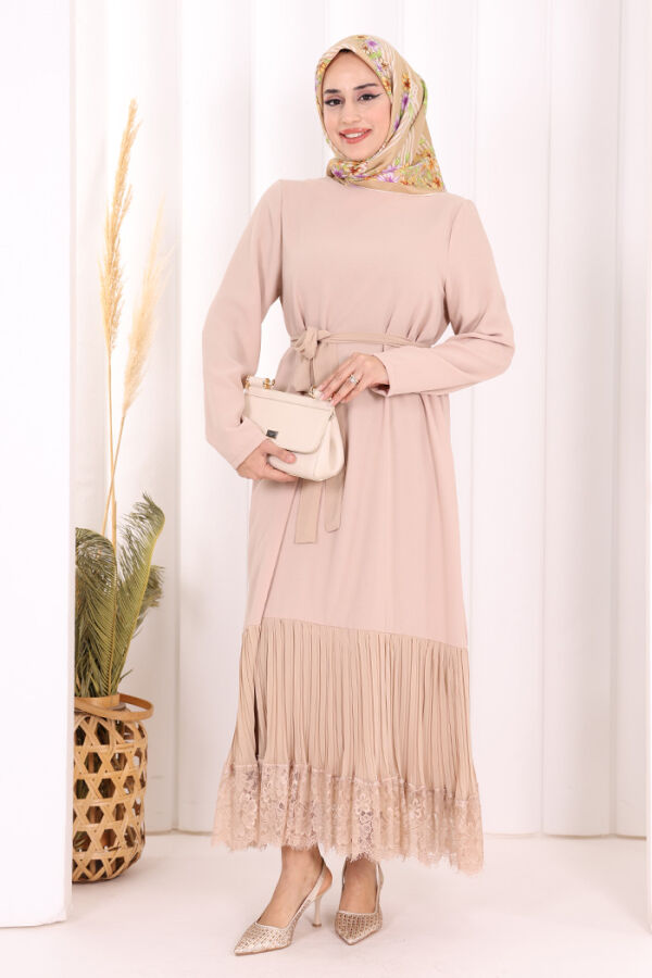 Etek Ucu Piliseli Dantel Görünümlü Kuşaklı Elbise 3890 Taş - 1