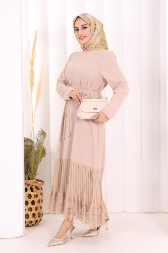 Etek Ucu Piliseli Dantel Görünümlü Kuşaklı Elbise 3890 Taş - 2