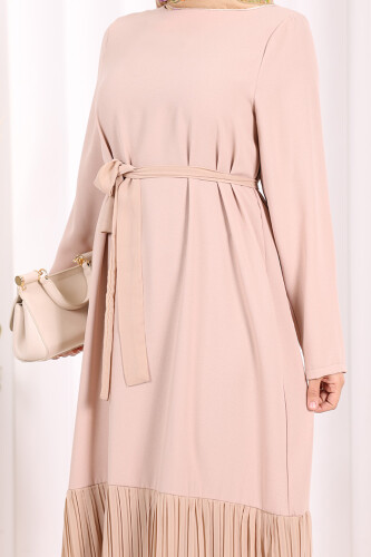 Etek Ucu Piliseli Dantel Görünümlü Kuşaklı Elbise 3890 Taş - 4