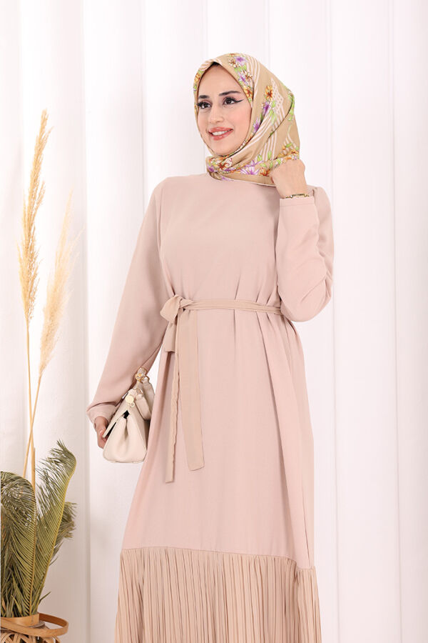 Etek Ucu Piliseli Dantel Görünümlü Kuşaklı Elbise 3890 Taş - 5