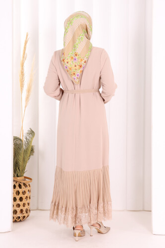 Etek Ucu Piliseli Dantel Görünümlü Kuşaklı Elbise 3890 Taş - 6