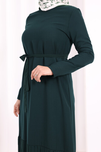 Etek Ucu Piliseli Dantel Görünümlü Kuşaklı Elbise 3890 Zümrüt - 5