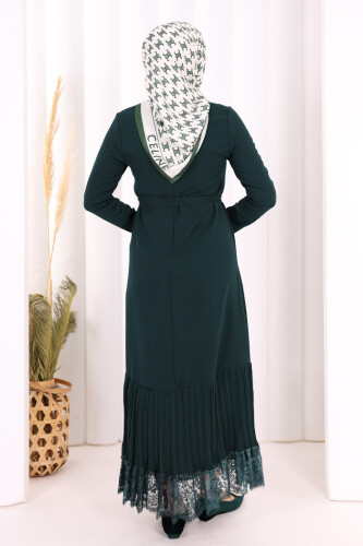 Etek Ucu Piliseli Dantel Görünümlü Kuşaklı Elbise 3890 Zümrüt - 6