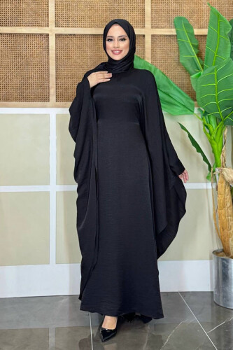 Yarasakol Bel Kısmı Gizli İp Kuşaklı Elbise 3891 Siyah - Bym Fashion